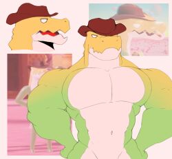 1boy anthro baconth3dragon belly_button biceps cowboy_hat first_porn_of_character glitch_productions gooseworx green_body gummigoo_(the_amazing_digital_circus) hands_on_hips hat male male_only muscular muscular_male no_visible_genitalia pecs reference_image reptile screenshot serious sharp_teeth solo solo_male the_amazing_digital_circus warcraft white_eyes_(warcraft)