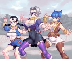 3girls ass bangs barely_contained big_breasts black_hair blue_eyes braided_hair breasts brown_eyes bursting_breasts charm_(pokemon) cleavage clothes clover_(pokemon) coin_(pokemon) deep_cleavage earrings face_paint facepaint grey_eyes grey_hair light-skinned_female makeup miss_fortune_sisters multiple_girls navel nipple_bulge nipples outdoors pokemon pokemon_legends:_arceus posing ripped_clothing ripped_pants short_hair shorts sisters skin_tight skindentation skirt spiky_hair straps supersatanson thick_thighs tight_clothing twin_braids twintails watermark wraps