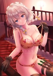 1girls blue_eyes bra breasts floral_print gloves hairbow knife knife_sheath large_breasts looking_at_viewer maid maid_headdress midriff navel orange_bra orange_panties panties railing sakuya_izayoi sebu_illust staircase thigh_strap touhou twin_braids white_hair