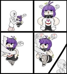 1boy 1girls animate_inanimate artist_request balls black_dress doll dress english_text living_doll living_plushie mini_comic original_character penis plushie pseudo_hair purple_hair rubbing_penis short_hair shortstack size_difference sweat text