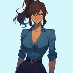 1girls ai_generated alternate_costume avatar_legends blue_dress_shirt blue_eyes brown_hair cleavage collared_shirt dark-skinned_female dark_skin dress_shirt facing_forward facing_viewer female korra ponytail rolled_up_sleeves smile the_avatar the_legend_of_korra water_tribe