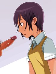 censored cfnm clothed_female_nude_male female nakasone_haiji open_mouth penis penis_awe purple_hair school_uniform shiny short_hair staring staring_at_erection sweater_vest