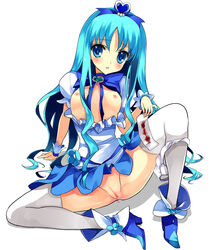 blood blue_eyes blue_hair boots censored clothing cure_marine female flat_chest hair_ornament heartcatch_precure! kurumi_erika legs long_hair magical_girl menophilia menstrual_blood menstrual_pad menstruation nipples no_bra no_panties open_mouth period_blood precure pretty_cure pussy ribbon sitting solo stockings thighhighs yukiwo