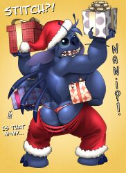2023 4_arms 4_fingers absurd_res alien antennae_(anatomy) anthro anthrofied ass back_markings back_spines backsack balls barely_visible_balls barely_visible_genitalia biped blue_body blue_claws blue_fur blue_nose bottomwear bubble_butt christmas christmas_clothing christmas_headwear claws clothing dialogue digital_drawing_(artwork) digital_media_(artwork) dipstick_antennae disney ears_down english_text experiment_(lilo_and_stitch) exposed_butt finger_claws fingers frown fur genitals gift gift_box gift_tag gradient_background hat headgear headwear hi_res holding_gift holding_object holidays lilo_and_stitch looking_at_viewer looking_back looking_back_at_viewer male male_only markings motion_lines multi_arm multi_limb multicolored_antennae notched_ear offscreen_character open_frown open_mouth pants pivoted_ears rear_view red_bottomwear red_clothing red_pants red_thong red_underwear santa_hat shaded shocked simple_background small_tail soft_shading solo standing stitch_(lilo_and_stitch) tail text thong toe_claws tush underwear yellow_background