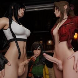 1girls 2futas 3d 3d_padawan aerith_gainsborough belly belly_button black_hair bottomless brown_hair female final_fantasy final_fantasy_vii futa_balls futa_on_futa futanari grin grinning hand_on_hip highres jacket light-skinned_female light-skinned_futanari long_hair looking_at_another penis_size_difference red_jacket shiny shiny_skin short_hair small_penis small_penis_humiliation testicles tifa_lockhart yuffie_kisaragi