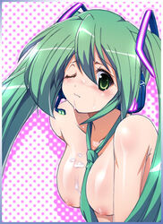 1girls aqua_hair blush breasts cum cum_on_body cum_on_breasts cum_on_upper_body facial female green_eyes hatsune_miku headphones headset necktie nipples ryuu_ryuu solo tied_hair twintails vocaloid wince