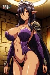 1girls ai_generated amber_eyes big_breasts black_hair boob_window dark-skinned_female dark_elf ebony elf_ears eternoai female hair_over_one_eye kuroinu_~kedakaki_seijo_wa_hakudaku_ni_somaru~ long_hair looking_at_viewer olga_discordia solo thighs thong watermark