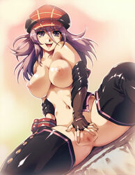 1girls alisa_ilinichina_amiella arisa_iriinchina_amieera blue_eyes boots breasts censored curvy elbow_gloves female female_only fingerless_gloves gloves god_eater god_eater_burst hisahiko large_breasts no_panties open_mouth plaid purple_hair pussy smile solo spread_legs spread_pussy tartan thigh_boots thighhighs