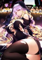 alternate_costume ass bare_shoulders big_breasts black_dress black_thighhighs black_veil blonde_hair breasts cleavage clothing_cutout commentary_request dress eyelashes female fingernails frilled_sleeves frills gradient_hair habit highres hijiri_byakuren large_breasts lips long_hair looking_at_viewer lying mature_female milf multicolored_hair nun on_side open_mouth purple_eyes purple_hair raptor7 shoulder_cutout solo stockings thighhighs torn_clothes torn_thighhighs touhou veil wide_sleeves