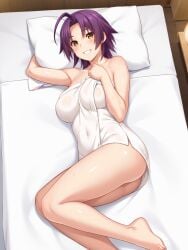 ai_generated ass azuma_marina big_ass big_breasts huge_ass isogil kashidashi_tsuma_marina_no_"netorase"_houkoku_binkan_tsuma_to_zetsurin_daigakusei looking_at_viewer massage_table purple_hair sexy_pose towel yellow_eyes