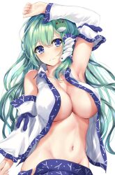 aqua_hair arm_at_side arm_up armpits blue_eyes blue_ribbon blue_skirt blush breasts cleavage closed_mouth clothes_pull collarbone commentary_request cowboy_shot detached_sleeves female frog_hair_ornament frown groin hair_ornament hair_tubes kaeranu_kaeru kochiya_sanae large_breasts long_hair long_sleeves looking_at_viewer looking_back navel no_bra open_clothes open_vest presenting_armpit ribbon sanae_kochiya simple_background skirt skirt_pull snake_hair_ornament solo stomach touhou very_long_hair vest white_background white_vest