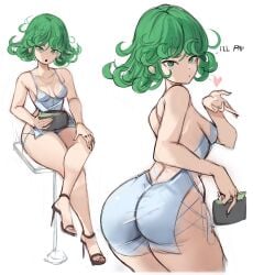 1girls adult_swim ass breasts bubble_butt dialogue dress english_text female front_and_back green_eyes green_hair large_ass light-skinned_female light_skin one-punch_man petite petite_body rakeemspoon short_hair small_breasts tatsumaki toonami