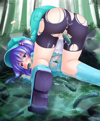 1girls backpack bag bike_shorts blue_eyes blue_hair cap censored cucumber cum dildo female gisyo hair_bobbles hair_ornament hat insertion key masturbation nitori_kawashiro produce produce_dildo produce_insertion pussy randoseru screencap see-through solo top-down_bottom-up torn_clothes touhou vaginal_penetration vegetable_dildo water