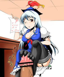 big_breasts black_legwear black_thighhighs blush breasts censored cleavage clothed_female feet female femdom footjob footjob_with_legwear garter_belt garter_straps hat highres holding_object hotpants_(artist) keine_kamishirasawa large_breasts long_hair male male_pov open_mouth penis pov red_eyes sitting small_penis straight thighhighs toe_socks toes tongue touhou wink