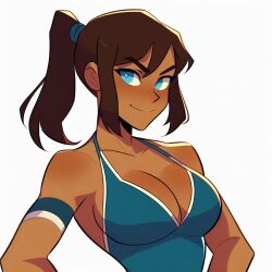 1girls ai_generated avatar_legends blue_eyes blue_swimsuit breasts brown_hair cleavage dark-skinned_female dark_skin female hands_on_hips korra one-piece_swimsuit ponytail smile solo swimsuit tankini the_avatar the_legend_of_korra upper_body water_tribe