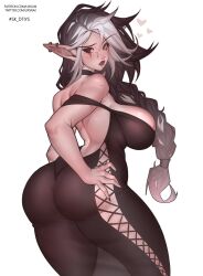 1girls artist_website ass black_hair braid choker dress ear_piercing earrings elf elf_ears elf_female female female_only green_eyes heart heterochromia lixsium long_dress long_eyelashes long_hair looking_at_viewer red_eyes solo thick_ass thick_thighs two_tone_hair white_background white_hair zoelie_(sasha_khmel)