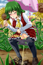 1girls :o ascot black_legwear black_panties black_thighhighs blush breasts breath closed_eyes clothing female flower green_hair homare_(suzu_no_oka) loafers no_humans outdoor_pee outdoors panties panty_pull parasol partially_translated peeing plaid plaid_skirt plaid_vest pussy red_eyes shoes short_hair skirt skirt_lift skirt_set solo spread_legs squatting standing standing_pee stockings sunflowers team_shanghai_alice thighhighs touhou translation_request umbrella uncensored underwear urinating urine wet_panties youkai yuka_kazami yuuka_kazami