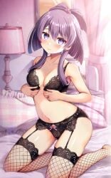 1girls aika_himena bikini black_bra bra legs liu12god looking_at_viewer magia_record:_mahou_shoujo_madoka_magica_gaiden magical_girl mahou_shoujo_madoka_magica medium_breasts medium_hair puella_magi_madoka_magica purple_eyes purple_hair solo solo_female solo_focus white_skin