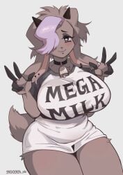 1girls 2024 big_breasts blush blush_lines breasts brown_body brown_eyes brown_fur brown_hair caprine cowbell ear_piercing english_text female female_only furry furry_only goat goat_ears goat_girl goat_horns goat_tail horns huge_breasts lilac_hair mega_milk mouth_piercing noona_(noona_plz) noona_plz one_eye_obstructed peace_sign signature simple_background tail