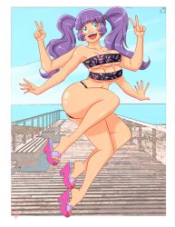 3_legs 4_arms 6_breasts accessworld bare_legs bikini blue_eyes boob_window maid multi_arm multi_breast multi_leg multi_limb purple_hair sandals