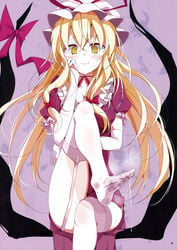 blonde_hair crossed_legs cum cum_on_body cum_on_lower_body feet garter_belt garter_straps gloves hat highres legs legs_crossed long_hair page_6 page_number pov_feet ribbon scan sitting smile solo thighhighs touhou usotsukiya white_legwear white_thighhighs yellow_eyes yukari_yakumo