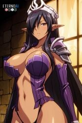 1girls ai_generated amber_eyes big_breasts black_female black_hair boob_window ebony elf_ears eternoai hair_over_one_eye kuroinu_~kedakaki_seijo_wa_hakudaku_ni_somaru~ long_hair looking_at_viewer olga_discordia thong watermark