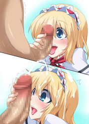 alice_margatroid blush censored cum cum_on_hair ejaculation facial fellatio female handjob happy_facial highres huge_cock human licking licking_penis male open_mouth oral penis penis_awe penis_on_face raiden_(artist) short_hair smile split_screen straight tongue touhou