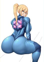 1girls ass big_ass big_breasts big_butt biting_lip blonde_female blonde_hair blue_eyes bodysuit breasts clothed clothing female female_only large_ass looking_back metroid ponytail samus_aran simple_background sitting smile solo solo_female vicsenpai voluptuous white_background wide_hips zero_suit zero_suit_samus