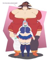 2023 2girls anastimafilia aqua_(konosuba) bbw belly belly_overhang blue_hair blush breasts breasts_on_head brown_hair chubby chubby_female cleavage drooling english english_text fat fat_woman female female_focus female_only hands_on_hips hi_res high_resolution highres hips huge_belly huge_breasts huge_thighs kono_subarashii_sekai_ni_shukufuku_wo! larger_female looking_down megumin morbidly_obese morbidly_obese_female obese obese_female overweight overweight_female plump red_eyes size_difference smaller_female speech_bubble ssbbw text thick_thighs thighs voluptuous wide_hips