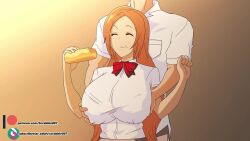 1boy 1boy1girl 1girls animated big_breasts bleach breast_grab breasts brown_hair clothed clothing eating female fondling groping huge_breasts inoue_orihime orange_hair school_uniform scrabble007 tagme video