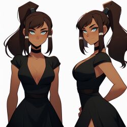 1girls ai_generated alternate_costume avatar_legends black_dress blue_eyes brown_hair choker cleavage cocktail_dress dark-skinned_female dark_skin dress facing_forward facing_viewer female korra multiple_angles plunging_neckline ponytail smile the_avatar the_legend_of_korra water_tribe