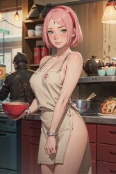 1girls ai_generated apron apron_only artist_name bindi blush boruto:_naruto_next_generations bowl bracelet breasts chef collarbone cooking curvy curvy_body curvy_figure eyebrows female female_focus female_only food forehead_mark green_eyes hair hairband head_tilt holding_object indoors kitchen light-skinned_female light_skin lips looking_at_viewer maxartison naked_apron naruto naruto:_the_last naruto_(series) naruto_shippuden no_bra no_panties no_underwear offering offering_food offering_to_viewer people_in_background pink_hair ramen sakura_haruno solo solo_female stable_diffusion thighs watermark