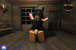 1boy 3d bench black_hair bottomless bunny_ears collar discord_tag femboy feminine_male flaccid foreskin house looking_at_viewer penis purple_voidx red_eyes reference_image roblox roblox_avatar robloxian self_upload tagme tinted_windows tranquility6024 wiggle