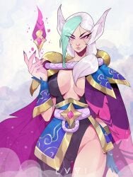 1girls curvaceous curvy curvy_body curvy_female curvy_figure emmanuel_viola evviart female female female_only green_hair hourglass_figure league_of_legends light-skinned_female light_skin multicolored_hair pink_eyes riot_games solo solo_female voluptuous voluptuous_female white_hair xayah