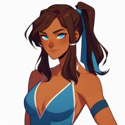 1girls ai_generated avatar_legends blue_eyes blue_swimsuit brown_hair cleavage dark-skinned_female dark_skin female korra one-piece_swimsuit ponytail smile swimsuit tankini the_avatar the_legend_of_korra water_tribe