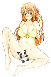 barefoot bikini_top black_eyes blush bottomless breasts brown_hair censored cleavage cum curvy erect_nipples feet front-tie_top hair_ribbon hanamaru_youchien large_breasts leg_up long_hair narusawa_kei navel novelty_censor orange_hair panda_neko plump ribbon simple_background sitting smile spread_legs swimsuit yamamoto_nanako