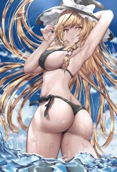 alternate_costume arm_behind_head arm_up armpits ass bikini blonde_hair blue_sky bow braid breasts female from_behind hairbow hat hat_bow kaeranu_kaeru kirisame_marisa marisa_kirisame medium_breasts nail_polish ocean outdoors side-tie_bikini_bottom side_braid single_braid skirt sky sunlight swimsuit thong_bikini touhou water white_bow witch_hat yellow_eyes yellow_nails