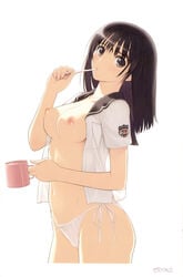 1girls black_eyes black_hair breasts cup fault!! female female_only grey_eyes highres large_breasts long_hair mug nipples number open_clothes panties saeki_ai side-tie_panties solo straight_hair taka_tony toothbrush underwear water white_background white_panties