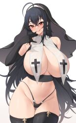 1girls absurd_res azur_lane black_hair breast_curtains breasts female hi_res hips huge_breasts kuavera light-skinned_female light_skin long_hair massive_breasts naughty_face nun nun's_habit nun_outfit red_eyes revealing_clothes simple_background stockings taihou_(azur_lane) thick_thighs thighs wide_hips