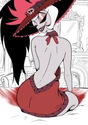 hazbin_hotel looking_at_viewer looking_over_shoulder rosie_(hazbin_hotel) seductive_smile smile smiling_at_viewer uinu virgin_killer_sweater vivienne_medrano