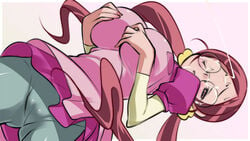 breast_grab cleavage clothing cum cum_on_glasses facial female glasses heartcatch_precure! heartcatch_pretty_cure! hikage_eiji huge_breasts long_hair precure pretty_cure red_hair straight_hair tied_hair tsubomi_hanasaki twintails very_long_hair