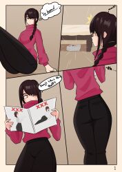 chainsaw_man clothed clothing comic comic_page comic_panel control_devil english_text fanart higashiyama_kobeni nayuta_(chainsaw_man) office_lady page_1 page_number petite petite_body smaller_female snowwwy_(artist) solo_female sweater text text_bubble thick thick_ass thick_thighs