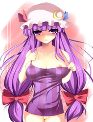 blush bow breasts female female_only hairbow hat human kishiki_kanmitsu large_breasts long_hair nipples no_bra no_panties patchouli_knowledge purple_eyes purple_hair pussy see-through solo tied_hair touhou twintails uncensored