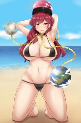 1girl 1girls ball barefoot beach bikini black_bikini breasts chain collar day earth_(ornament) gold_chain hecatia_lapislazuli highres horizon kneeling large_breasts long_hair mani_padme moon_(ornament) navel ocean outdoors planet red_hair solo swimsuit tagme touhou water