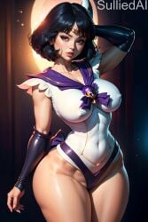 ai_generated big_breasts bishoujo_senshi_sailor_moon bob_cut clothing erect_nipples erect_nipples_under_clothes hotaru_tomoe large_breasts leotard medium_breasts nipple_bulge sailor_saturn sulliedai thick_thighs tiara toned toned_female wide_hips