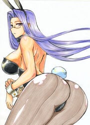 1futa ass back bare_shoulders big_ass black_leotard bowtie breasts bunny_costume bunny_ears bunnysuit detached_collar fate/grand_order fate/stay_night fate_(series) from_behind futa_only futanari glasses intersex kikuta large_breasts long_hair medusa_(fate) pantyhose penis playboy_bunny purple_hair solo traditional_media very_long_hair wide_hips wrist_cuffs