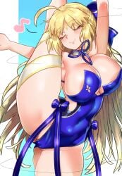 1girls artoria_pendragon artoria_pendragon_(caster) blonde_hair breasts ebora fate/grand_order fate_(series) female flexible green_eyes hi_res highleg_leotard hips huge_breasts leotard long_hair smile thick_thighs thighs wide_hips youngmanisdown