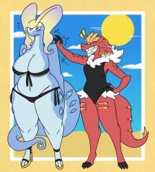 2girls anthro aurorus big_breasts bikini breasts cleavage female furry generation_6_pokemon huge_breasts nerdyreindeer nintendo pokemon pokemon_(species) thick_thighs tyrantrum wide_hips