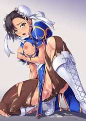 amei_sumeru boots breast_squeeze breasts brown_eyes brown_hair bukkake capcom china_dress chinese_clothes chun-li cum defeated female female_only highres human large_breasts nipples open_mouth pantyhose rape short_hair solo straight_hair street_fighter torn_clothes torn_pantyhose