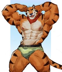 1boy anthro armpits biceps briefs bulge feline flexing furry furry_only gay green_underwear kellogg's male_underwear mammal muscles muscular nipples o_reowoof orange_eyes orange_fur pecs solo solo_male tiger tony_the_tiger underwear